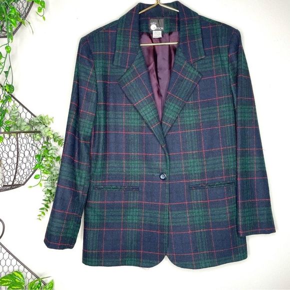 Vintage 90s Oversized Wool Double Lapel Plaid Printed Blazer Jacket Blue - Picture 1 of 4